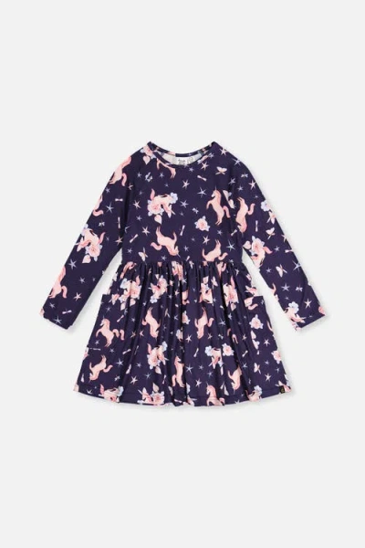 Deux Par Deux Kids'  Long Raglan Sleeve Unicorn Dress With Patch Pockets In Blue