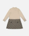 Deux Par Deux Long Sleeve Bi-material Mock Neck Dress And Plaid In Neutral