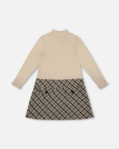 Deux Par Deux Kids'  Long Sleeve Bi-material Mock Neck Dress And Plaid In Neutral