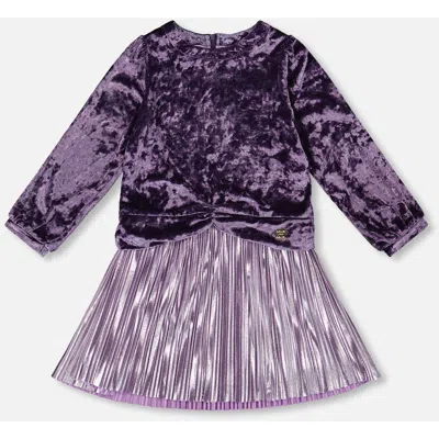 Deux Par Deux Kids'  Long Sleeve Bi-material Velour And Jersey Dress In Purple