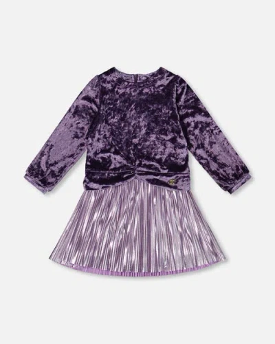 Deux Par Deux Kids'  Long Sleeve Bi-material Velour And Jersey Dress In Purple