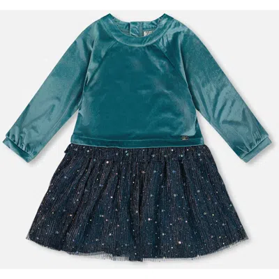 Deux Par Deux Kids'  Long Sleeve Bi-material Velvet And Pleated Mesh Dress In Blue