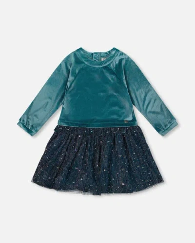 DEUX PAR DEUX DEUX PAR DEUX LONG SLEEVE BI-MATERIAL VELVET AND PLEATED MESH DRESS
