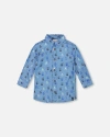 Deux Par Deux Long Sleeve Button Front Chambray Shirt In Blue