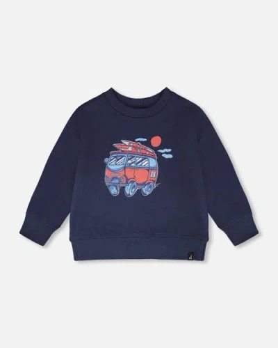 Deux Par Deux Kids'  Long Sleeve Graphic French Terry Sweatshirt In Blue