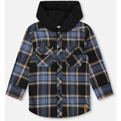 Deux Par Deux Kids'  Long Sleeve Hooded Flannel Shirt In Black