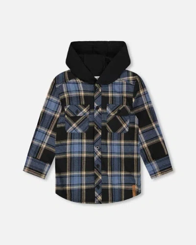 Deux Par Deux Kids'  Long Sleeve Hooded Flannel Shirt In Gray