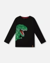 Deux Par Deux Long Sleeve Jersey Tee Shirt With Dinosaur In Black