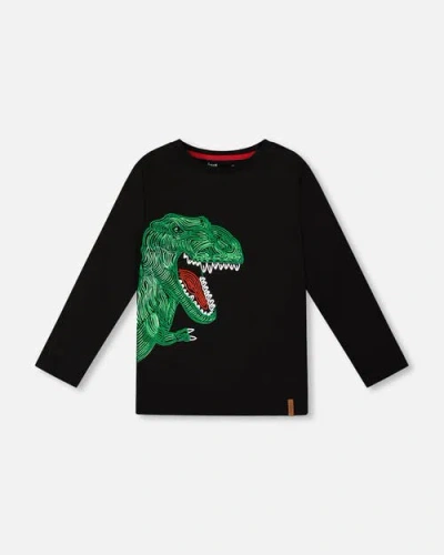 Deux Par Deux Kids'  Long Sleeve Jersey Tee Shirt With Dinosaur In Black