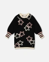 Deux Par Deux Long Sleeve Knit Dress With Stars In Black