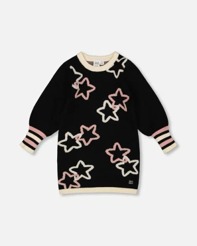 Deux Par Deux Kids'  Long Sleeve Knit Dress With Stars In Black