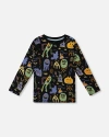 Deux Par Deux Long Sleeve Organic Cotton Allover Monsters Tee In Black