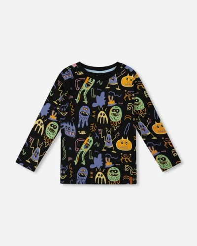 Deux Par Deux Kids'  Long Sleeve Organic Cotton Allover Monsters Tee In Black