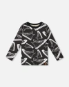 Deux Par Deux Long Sleeve Organic Cotton Allover Tee In Black