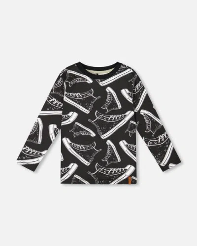 Deux Par Deux Kids'  Long Sleeve Organic Cotton Allover Tee In Black