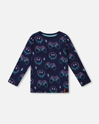 Deux Par Deux Kids'  Long Sleeve Organic Cotton Allover Tee In Blue