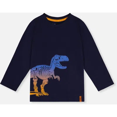 Deux Par Deux Kids'  Long Sleeve Organic Cotton Dino Crew Neck T-shirt In Blue