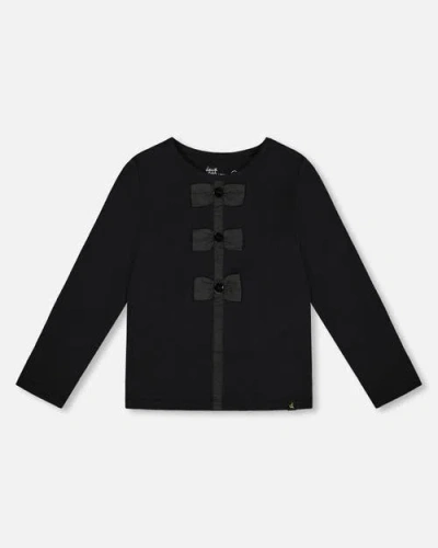 Deux Par Deux Kids'  Long Sleeve Organic Cotton Jersey Bow Tee In Black