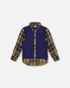 Deux Par Deux Long Sleeve Plaid Flannel Shirt With Solid Vest In Blue