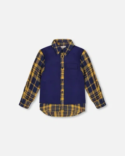 Deux Par Deux Kids'  Long Sleeve Plaid Flannel Shirt With Solid Vest In Blue