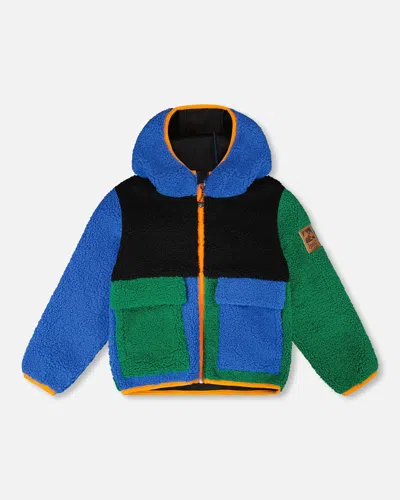 Deux Par Deux Kids' Long Sleeve Sherpa Jacket Blue Colorblock In Black