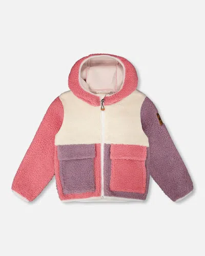 Deux Par Deux Kids' Long Sleeve Sherpa Jacket Pink Colorblock In Multi