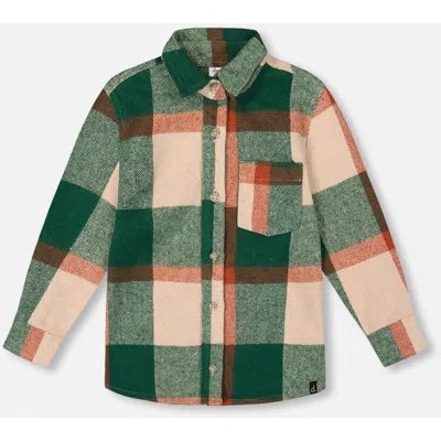 Deux Par Deux Kids'  Long Sleeve Yarn Dyed Plaid Shirt In Green