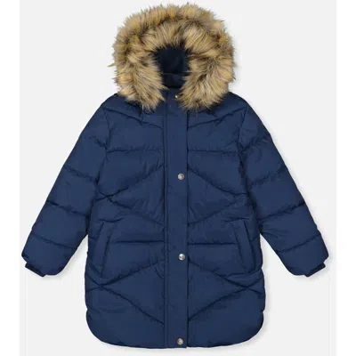 Deux Par Deux Kids'  Long Winter Diamond Quilted Faux Fur Hood Puffer Coat In Blue
