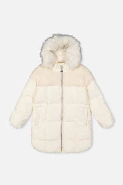 Deux Par Deux Kids'  Long Winter Two-tone Quilted Faux Fur Hood Puffer Coat In White