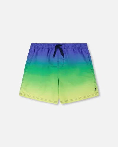 DEUX PAR DEUX MEN'S SWIM TRUNKS BLUE, GREEN, AND LIME GRADIENT