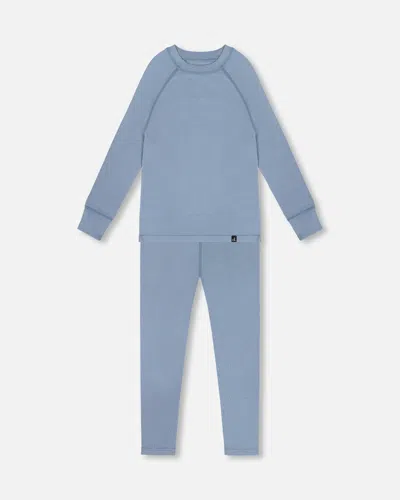 Deux Par Deux Kids' Merino Wool Base Layer Set Blue Gray In Animal Print