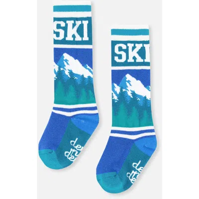 Deux Par Deux Kids'  Merino Wool Mountain Graphic Ski Socks In Blue