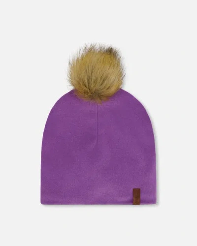 Deux Par Deux Babies'  Mid-season Jersey Removable Pompom Hat In Purple