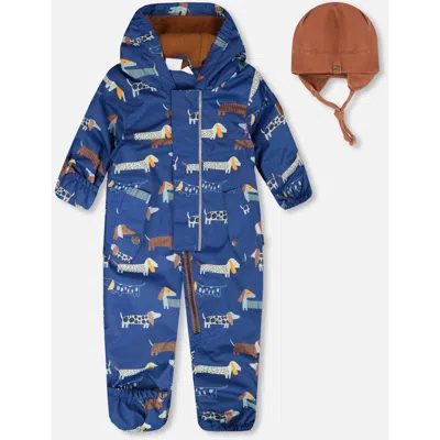 Deux Par Deux Babies'  Mid-season Printed One-piece Outerwear With Hat In Blue