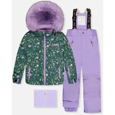 Deux Par Deux Kids'  Mini Flower Play Jacket & Reinforced Pants Two Piece Snowsuit In Purple