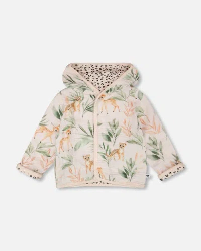 Deux Par Deux Babies'  Muslin And Organic Cotton Jersey Reversible Deer And Leopard Printed Hooded Jacket In Multi