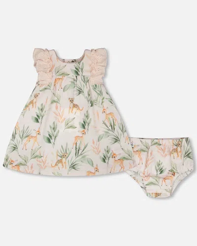 Deux Par Deux Kids' Muslin Dress And Bloomer Set Peach Deer Print In Pink