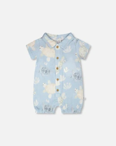 Deux Par Deux Babies'  Muslin Turtle Print Romper In Blue
