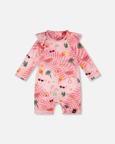 Deux Par Deux Kids'  One-piece Long Sleeve Beach Rashguard In Pink