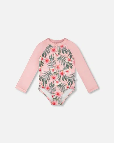 Deux Par Deux Kids'  One-piece Long Sleeve Hibiscus Rashguard In Multi