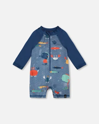 Deux Par Deux Babies'  One-piece Long Sleeve Printed Marine Animals Rashguard In Blue