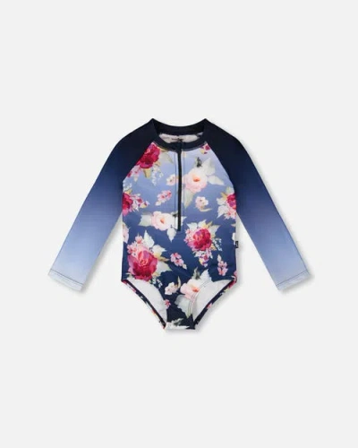 Deux Par Deux Kids'  One-piece Long Sleeve Rose Rashguard In Multi