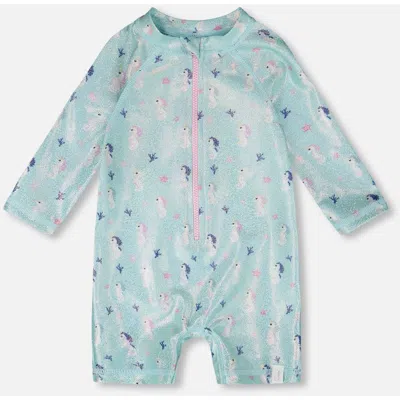 Deux Par Deux Babies'  One-piece Long Sleeve Seahorse Print Rashguard In Blue