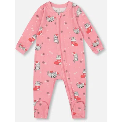 Deux Par Deux Babies'  One-piece Organic Cotton Pajama Cat In Pink