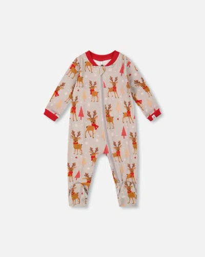 Deux Par Deux Babies'  One-piece Organic Cotton Pajama Reindeer In Sand