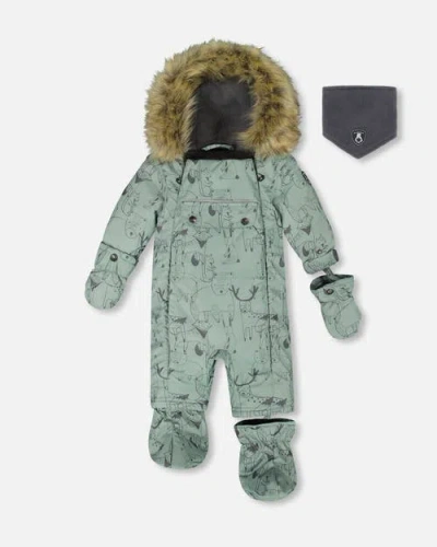 Deux Par Deux Kids'  One-piece Play Snowsuit Designed For Car Seat Animal In Green