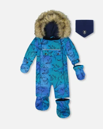Deux Par Deux Kids'  One-piece Play Snowsuit Designed For Car Seat Dinosaur In Blue