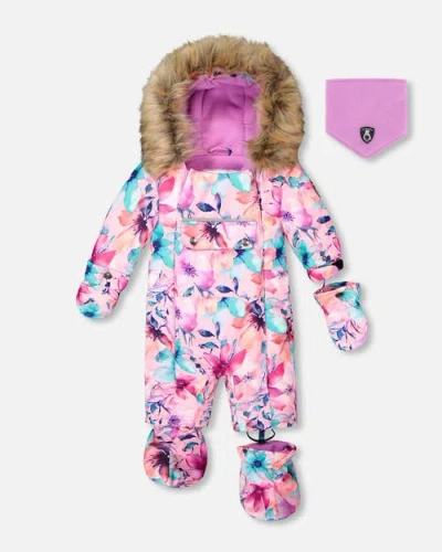 Deux Par Deux Kids'  One-piece Play Snowsuit Designed For Car Seat Watercolor Flower In Blue