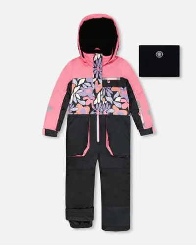 Deux Par Deux Kids'  One-piece Play Snowsuit Retro Flower In Black