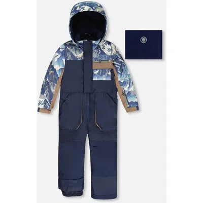Deux Par Deux Kids'  One-piece Play Snowsuit With Mountains In Blue